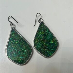 Green Teardrop Dangle Earrings - Iridescent Green Statement Jewelry